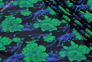 Ткань жаккард тафта «китайская роза» цвет темно-синий зеленые цветы